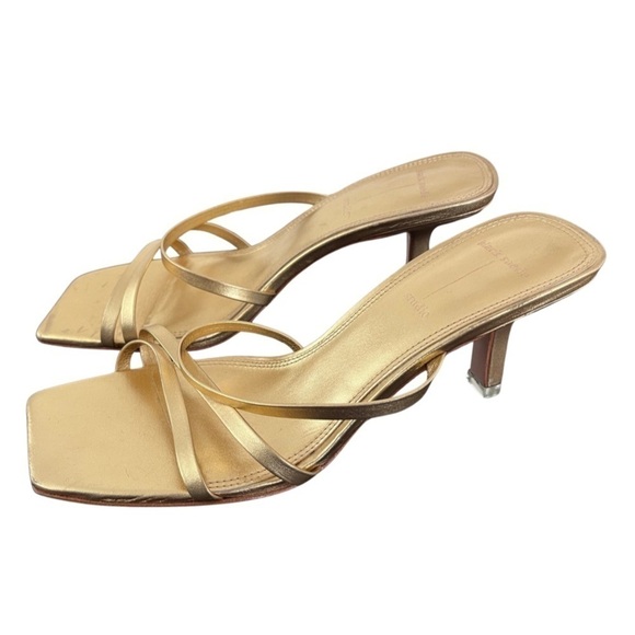 Black Suede Studio Gold Strappy Kitten Heels Size 8 Box Toe Sandals - LIKE NEW - Picture 1 of 10